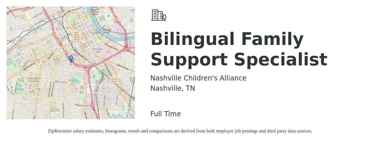 Nashville Children's Alliance job posting for a Bilingual Family Support Specialist in Nashville, TN with a salary of $18 to $23 Hourly with a map of Nashville location.