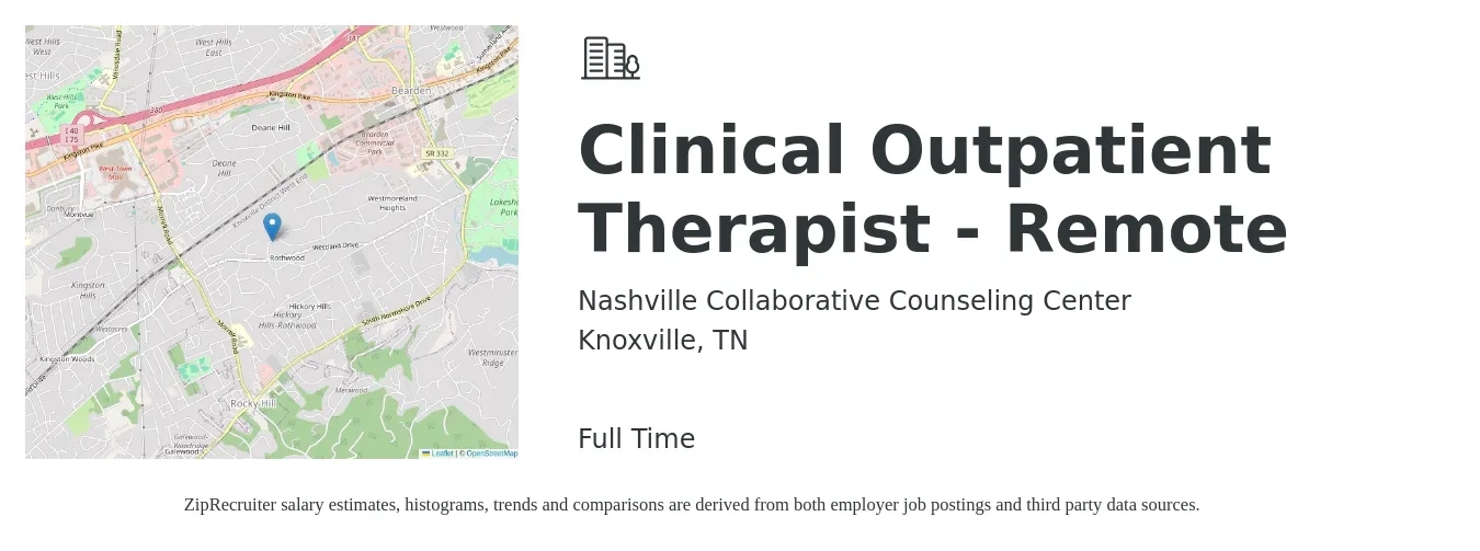 Nashville Collaborative Counseling Center job posting for a Clinical Outpatient Therapist - Remote in Knoxville, TN with a salary of $35 to $50 Hourly with a map of Knoxville location.