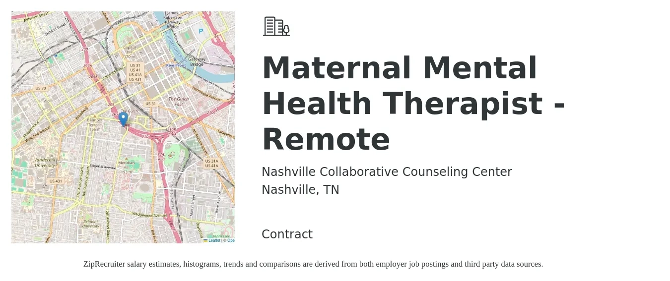 Nashville Collaborative Counseling Center job posting for a Maternal Mental Health Therapist - Remote in Nashville, TN with a salary of $45 to $49 Hourly with a map of Nashville location.