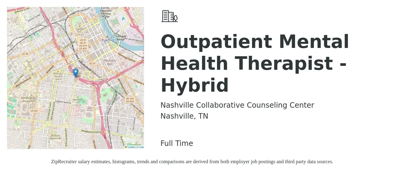 Nashville Collaborative Counseling Center job posting for a Outpatient Mental Health Therapist - Hybrid in Nashville, TN with a salary of $35 to $50 Hourly with a map of Nashville location.
