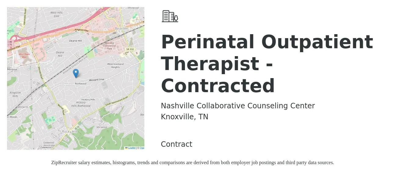 Nashville Collaborative Counseling Center job posting for a Perinatal Outpatient Therapist - Contracted in Knoxville, TN with a salary of $45 to $49 Hourly with a map of Knoxville location.