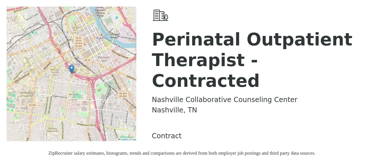 Nashville Collaborative Counseling Center job posting for a Perinatal Outpatient Therapist - Contracted in Nashville, TN with a salary of $45 to $49 Hourly with a map of Nashville location.