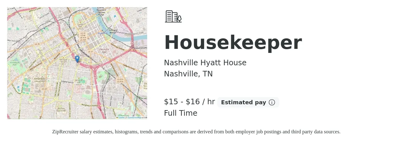 Nashville Hyatt House job posting for a Housekeeper in Nashville, TN with a salary of $16 to $17 Hourly with a map of Nashville location.