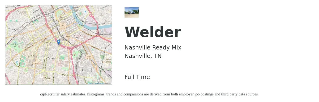 Nashville Ready Mix job posting for a Welder in Nashville, TN with a salary of $19 to $25 Hourly with a map of Nashville location.