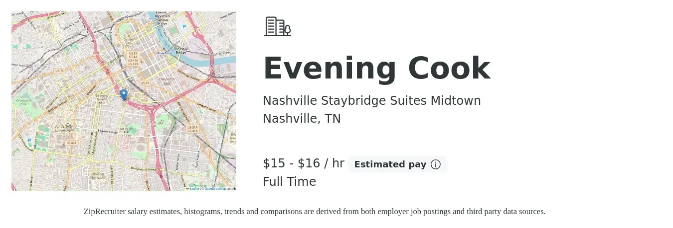 Nashville Staybridge Suites Midtown job posting for a Evening Cook in Nashville, TN with a salary of $16 to $17 Hourly with a map of Nashville location.