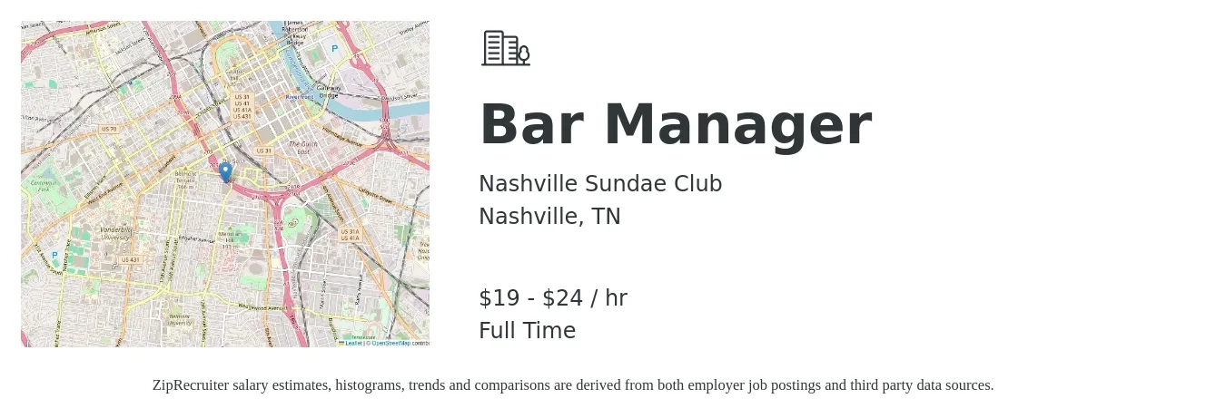 Nashville Sundae Club job posting for a Bar Manager in Nashville, TN with a salary of $20 to $25 Hourly with a map of Nashville location.