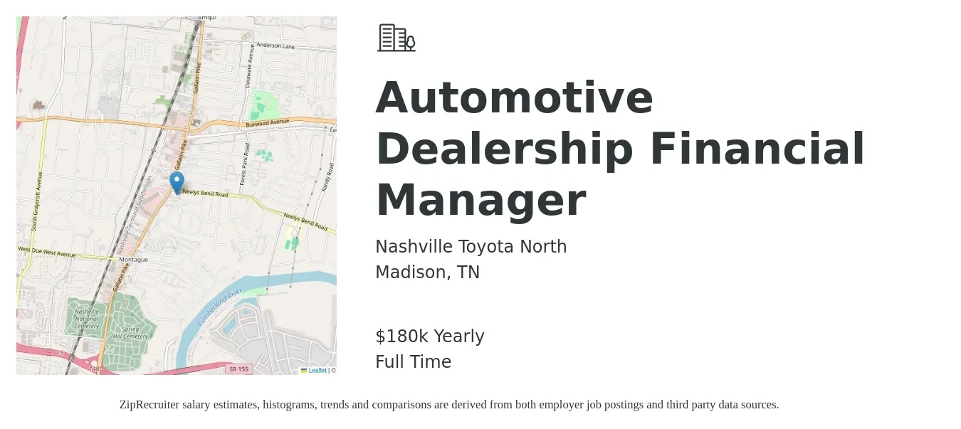 Nashville Toyota North job posting for a Automotive Dealership Financial Manager in Madison, TN with a salary of $180,000 Yearly with a map of Madison location.