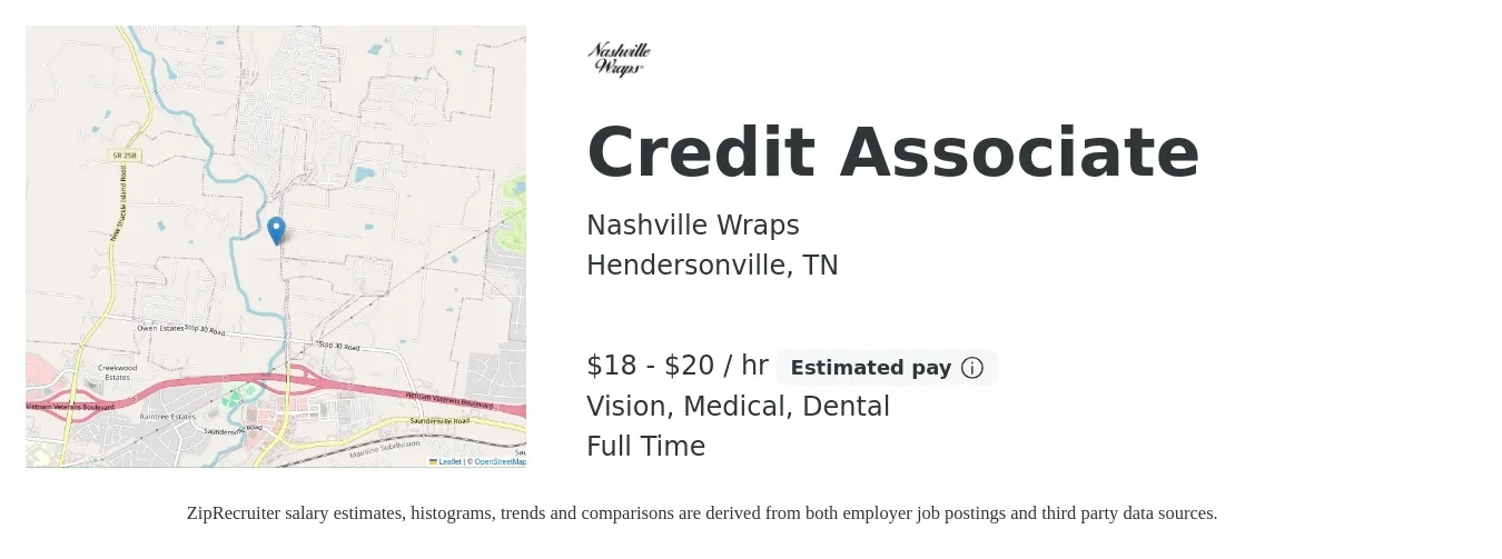 Nashville Wraps job posting for a Credit Associate in Hendersonville, TN with a salary of $19 to $21 Hourly and benefits including life_insurance, medical, pto, retirement, vision, and dental with a map of Hendersonville location.