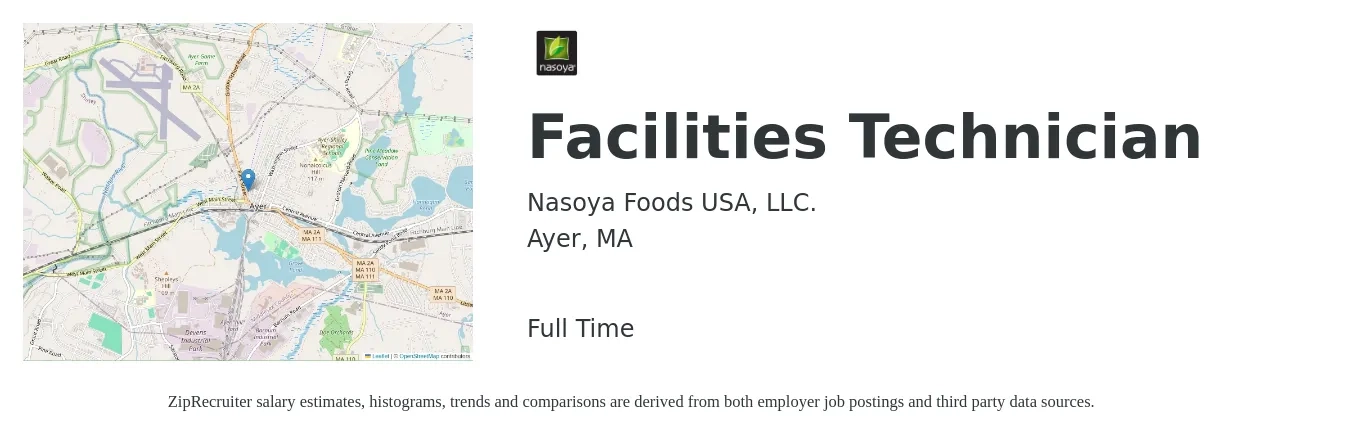 Nasoya Foods USA, LLC. job posting for a Facilities Technician in Ayer, MA with a salary of $22 to $31 Hourly with a map of Ayer location.