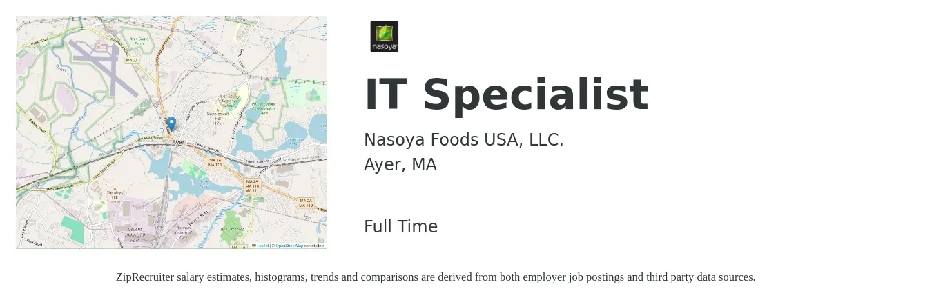Nasoya Foods USA, LLC. job posting for a IT Specialist in Ayer, MA with a salary of $52,100 to $124,900 Yearly with a map of Ayer location.