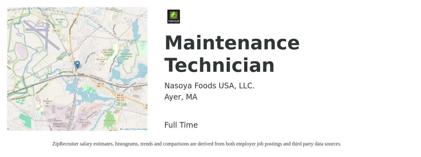 Nasoya Foods USA, LLC. job posting for a Maintenance Technician in Ayer, MA with a salary of $22 to $30 Hourly with a map of Ayer location.