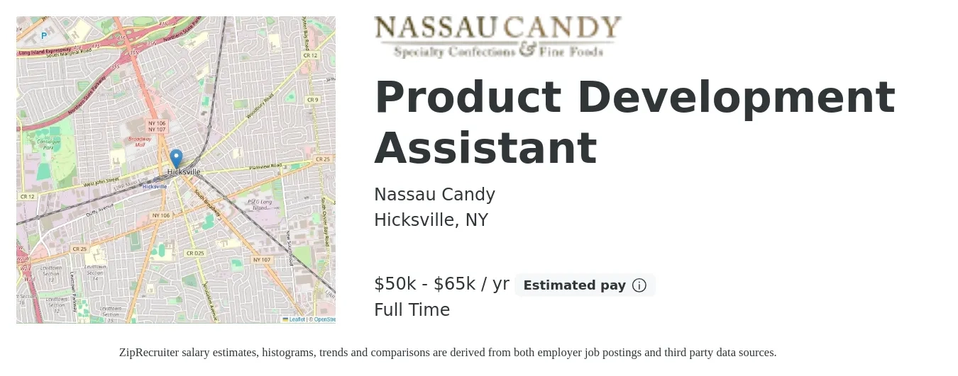 Nassau Candy job posting for a Product Development Assistant in Hicksville, NY with a salary of $50,000 to $65,000 Yearly with a map of Hicksville location.
