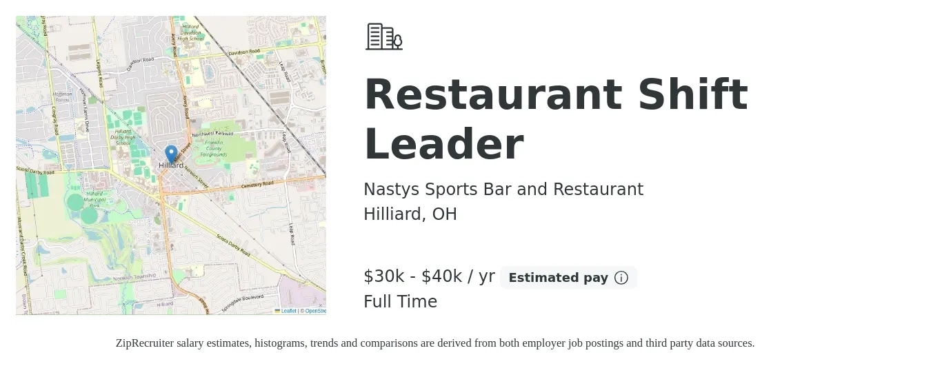 Nastys Sports Bar and Restaurant job posting for a Restaurant Shift Leader in Hilliard, OH with a salary of $30,000 to $40,000 Yearly (plus commission) with a map of Hilliard location.