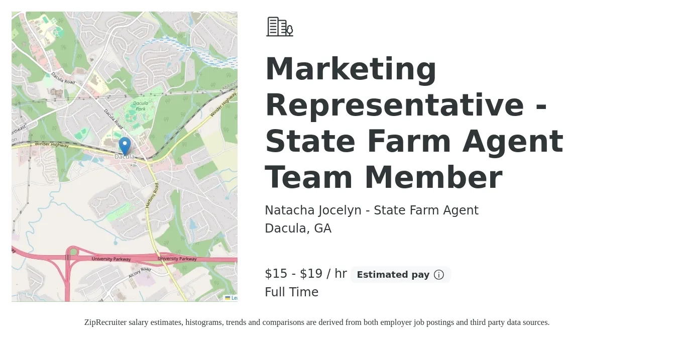 Natacha Jocelyn - State Farm Agent job posting for a Marketing Representative - State Farm Agent Team Member in Dacula, GA with a salary of $16 to $20 Hourly with a map of Dacula location.