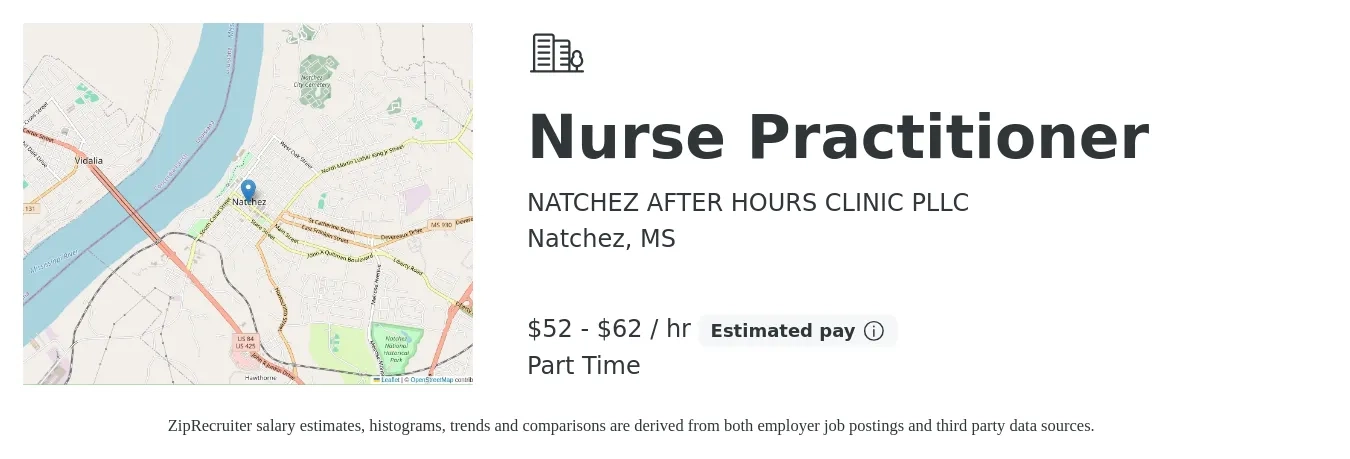 NATCHEZ AFTER HOURS CLINIC PLLC job posting for a Nurse Practitioner in Natchez, MS with a salary of $55 to $65 Hourly with a map of Natchez location.