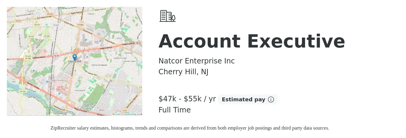 Natcor Enterprise Inc job posting for a Account Executive in Cherry Hill, NJ with a salary of $47,000 to $55,000 Yearly with a map of Cherry Hill location.