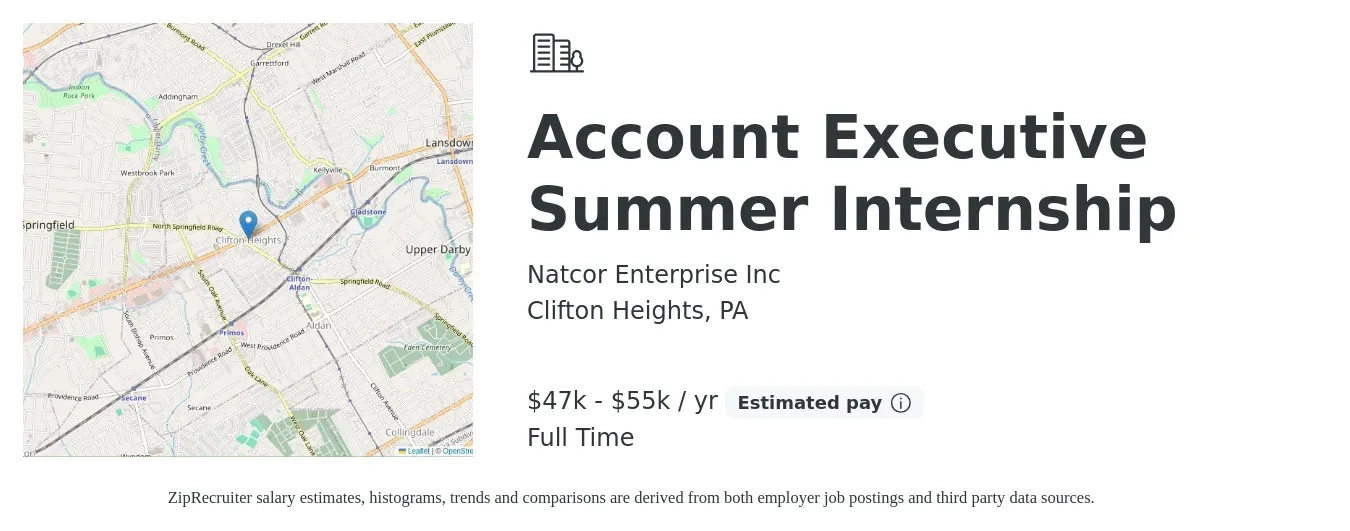 Natcor Enterprise Inc job posting for a Account Executive Summer Internship in Clifton Heights, PA with a salary of $47,000 to $55,000 Yearly with a map of Clifton Heights location.
