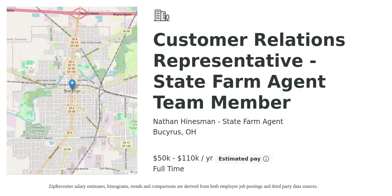 Nathan Hinesman - State Farm Agent job posting for a Customer Relations Representative - State Farm Agent Team Member in Bucyrus, OH with a salary of $50,000 to $110,000 Yearly with a map of Bucyrus location.