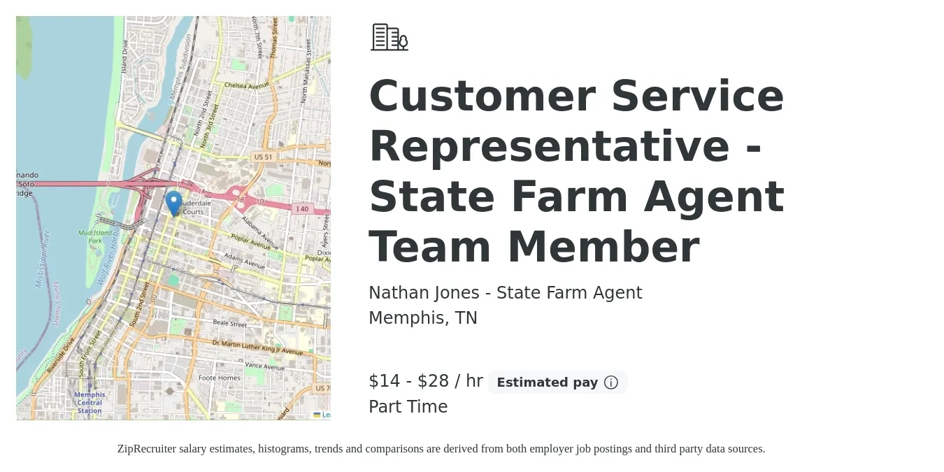 Nathan Jones - State Farm Agent job posting for a Customer Service Representative - State Farm Agent Team Member in Memphis, TN with a salary of $15 to $30 Hourly with a map of Memphis location.