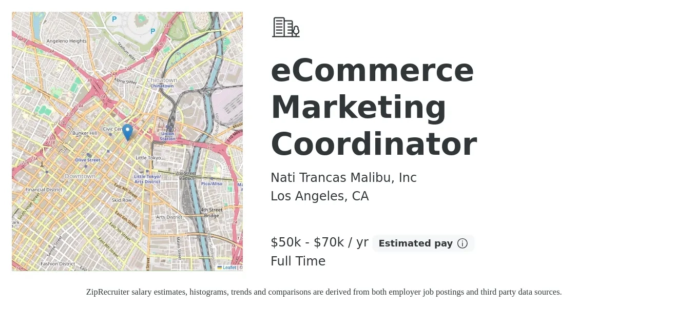 Nati Trancas Malibu, Inc job posting for a eCommerce Marketing Coordinator in Los Angeles, CA with a salary of $50,000 to $70,000 Yearly with a map of Los Angeles location.