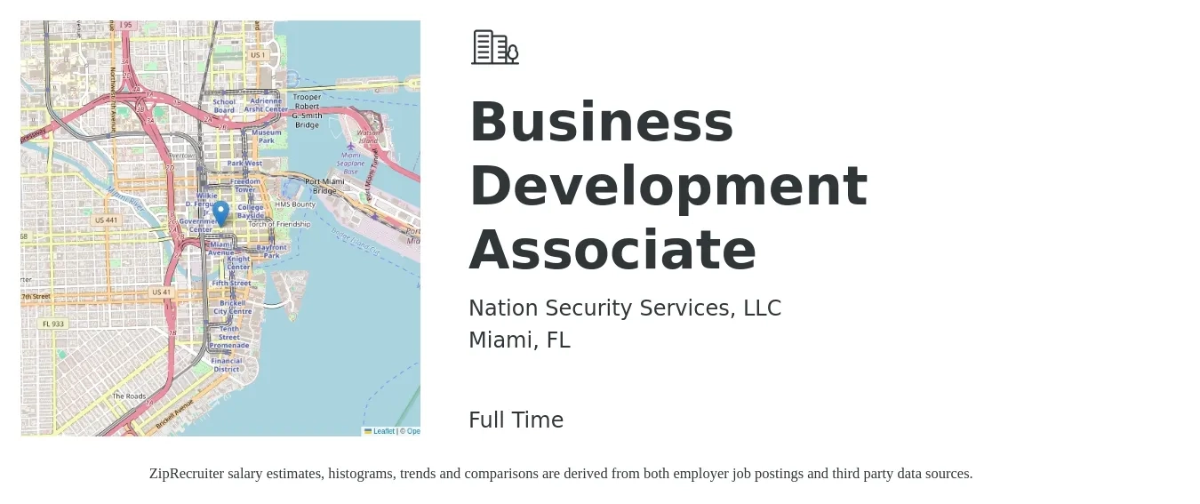 Nation Security Services, LLC job posting for a Business Development Associate in Miami, FL with a salary of $38,200 to $52,300 Yearly with a map of Miami location.