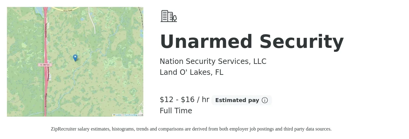Nation Security Services, LLC job posting for a Unarmed Security in Land O' Lakes, FL with a salary of $13 to $17 Hourly with a map of Land O' Lakes location.