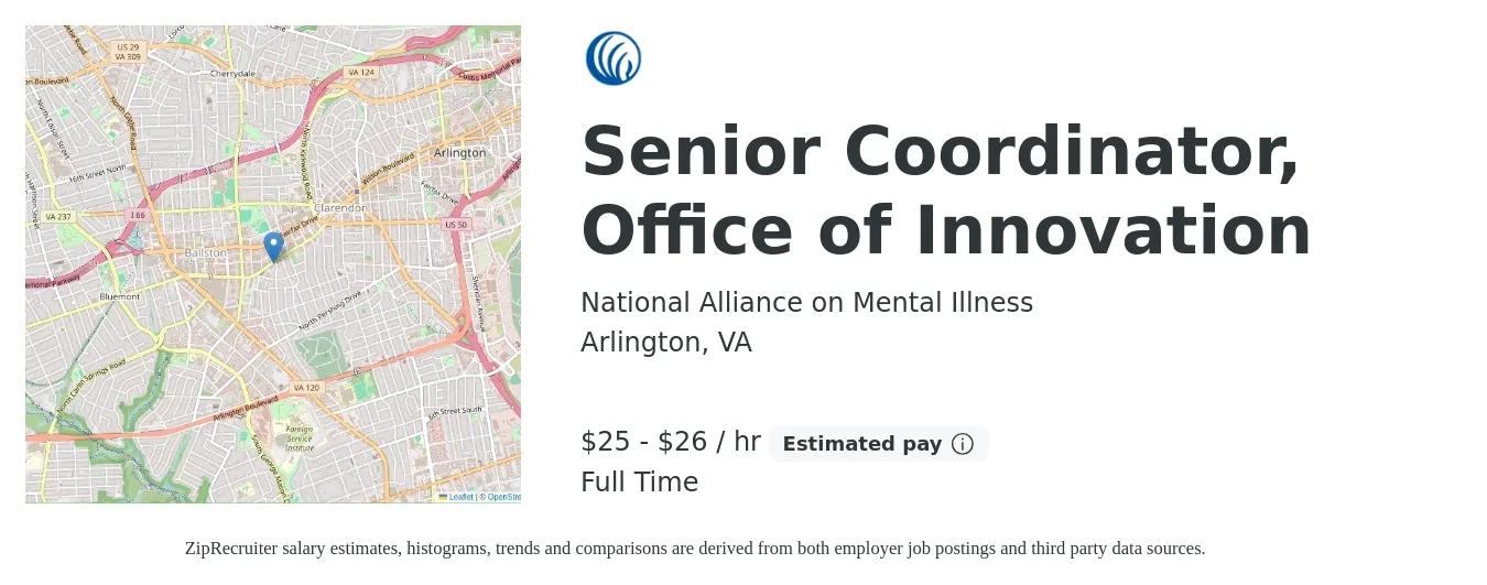 National Alliance on Mental Illness job posting for a Senior Coordinator, Office of Innovation in Arlington, VA with a salary of $26 to $28 Hourly with a map of Arlington location.