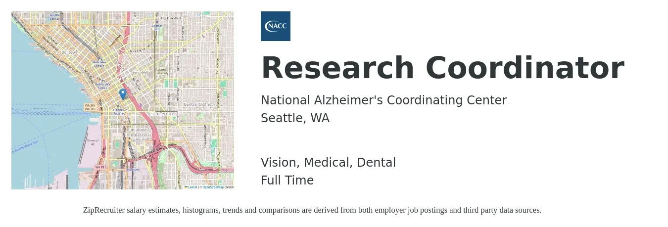 National Alzheimer's Coordinating Center job posting for a Research Coordinator in Seattle, WA with a salary of $7,000 to $8,500 Monthly and benefits including dental, life_insurance, medical, pto, retirement, and vision with a map of Seattle location.