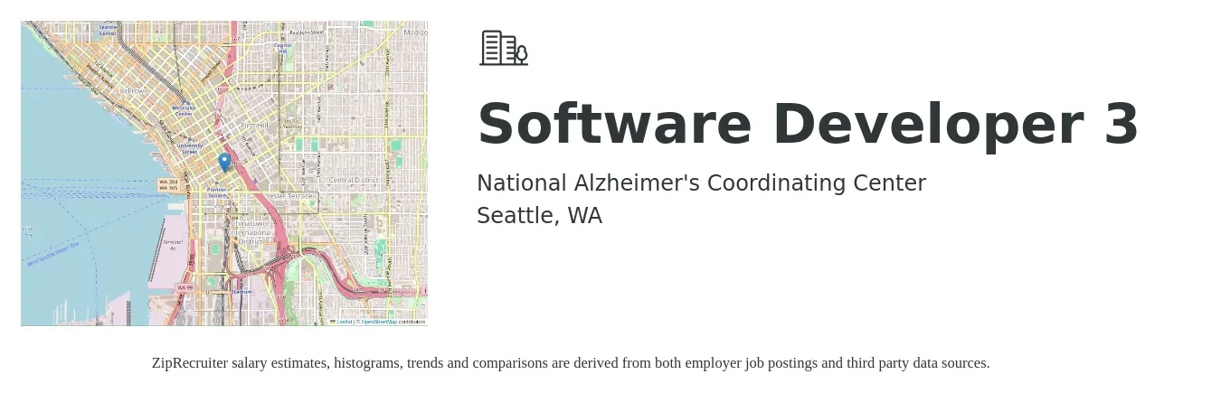 National Alzheimer's Coordinating Center job posting for a Software Developer 3 in Seattle, WA with a salary of $9,872 to $12,065 Monthly and benefits including vision, dental, life_insurance, medical, pto, and retirement with a map of Seattle location.