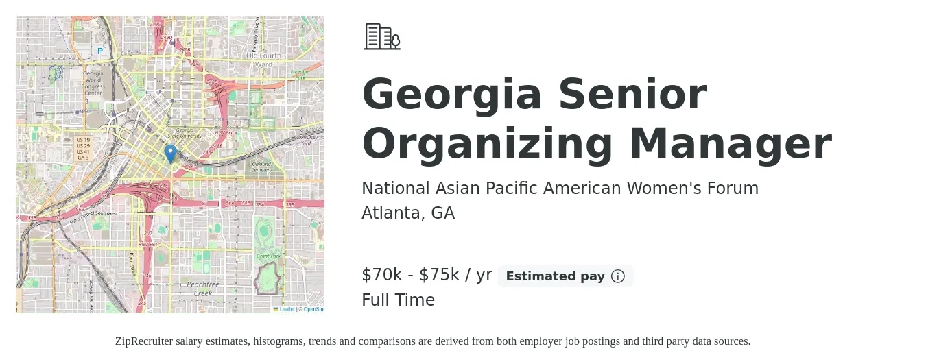 National Asian Pacific American Women's Forum job posting for a Georgia Senior Organizing Manager in Atlanta, GA with a salary of $70,000 to $75,000 Yearly with a map of Atlanta location.