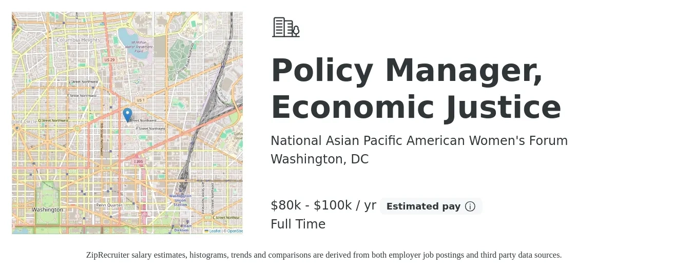 National Asian Pacific American Women's Forum job posting for a Policy Manager, Economic Justice in Washington, DC with a salary of $80,000 to $100,000 Yearly with a map of Washington location.