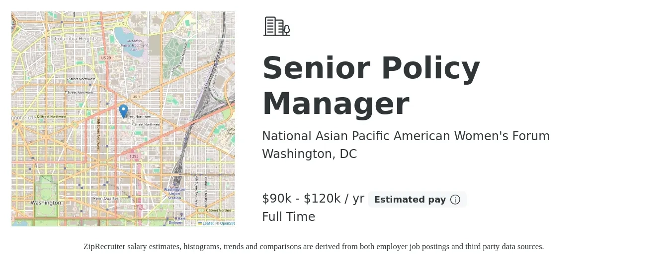 National Asian Pacific American Women's Forum job posting for a Senior Policy Manager in Washington, DC with a salary of $90,000 to $120,000 Yearly with a map of Washington location.