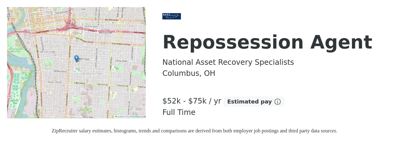National Asset Recovery Specialists job posting for a Repossession Agent in Columbus, OH with a salary of $52,000 to $75,000 Yearly with a map of Columbus location.
