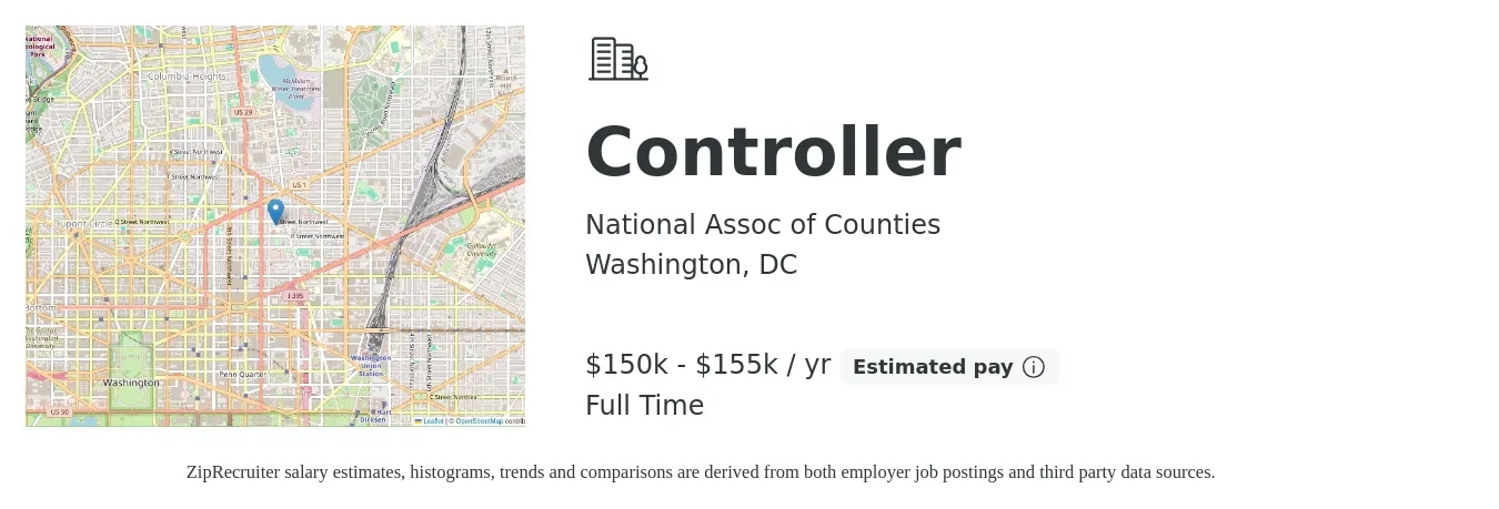 National Assoc of Counties job posting for a Controller in Washington, DC with a salary of $150,000 to $155,000 Yearly with a map of Washington location.
