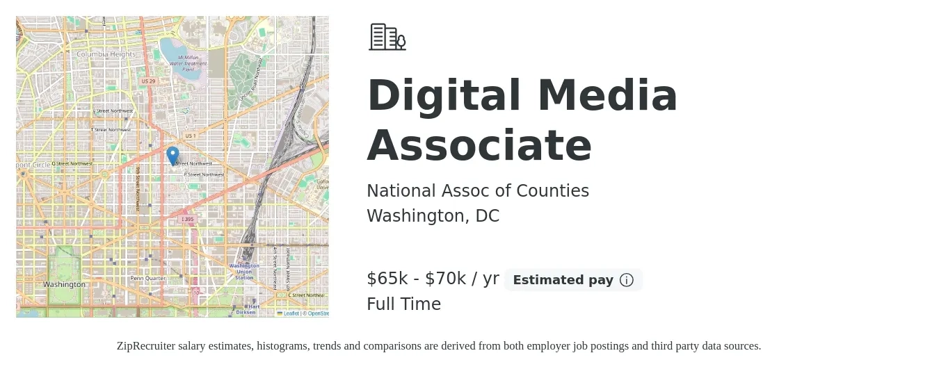 National Assoc of Counties job posting for a Digital Media Associate in Washington, DC with a salary of $65,000 to $70,000 Yearly with a map of Washington location.