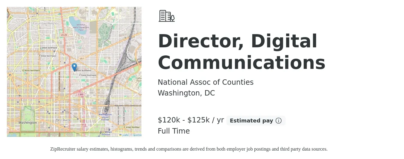 National Assoc of Counties job posting for a Director, Digital Communications in Washington, DC with a salary of $120,000 to $125,000 Yearly with a map of Washington location.