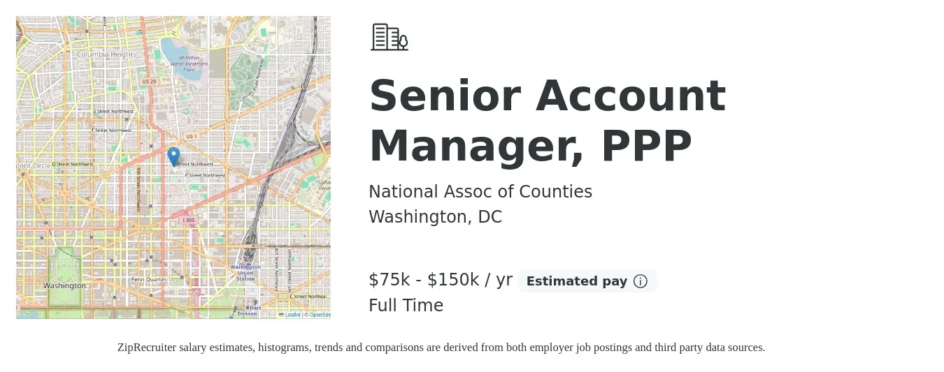 National Assoc of Counties job posting for a Senior Account Manager, PPP in Washington, DC with a salary of $75,000 to $150,000 Yearly with a map of Washington location.