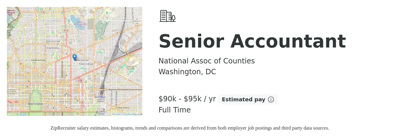 National Assoc of Counties job posting for a Senior Accountant in Washington, DC with a salary of $90,000 to $95,000 Yearly with a map of Washington location.