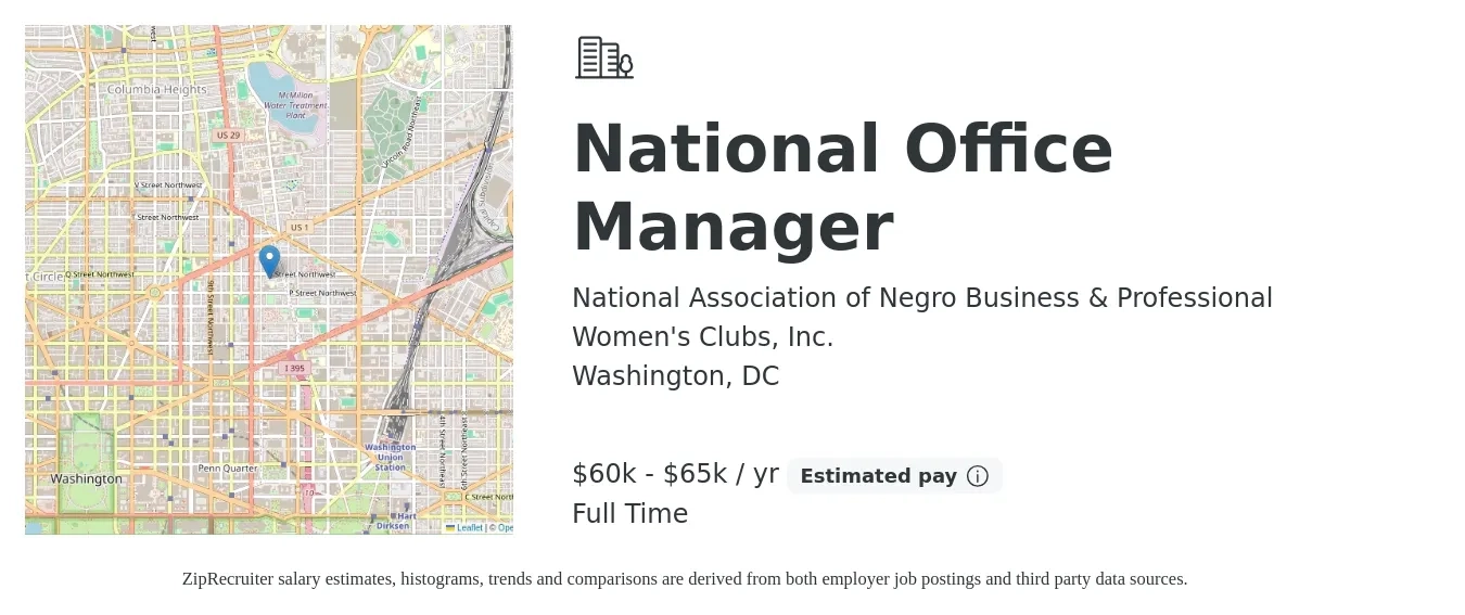 National Association of Negro Business & Professional Women's Clubs, Inc. job posting for a National Office Manager in Washington, DC with a salary of $60,000 to $65,000 Yearly with a map of Washington location.