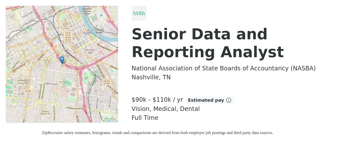 National Association of State Boards of Accountancy (NASBA) job posting for a Senior Data and Reporting Analyst in Nashville, TN with a salary of $90,000 to $110,000 Yearly and benefits including vision, dental, life_insurance, medical, pto, and retirement with a map of Nashville location.