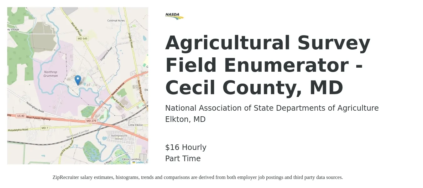 National Association of State Departments of Agriculture job posting for a Agricultural Survey Field Enumerator - Cecil County, MD in Elkton, MD with a salary of $17 Hourly with a map of Elkton location.