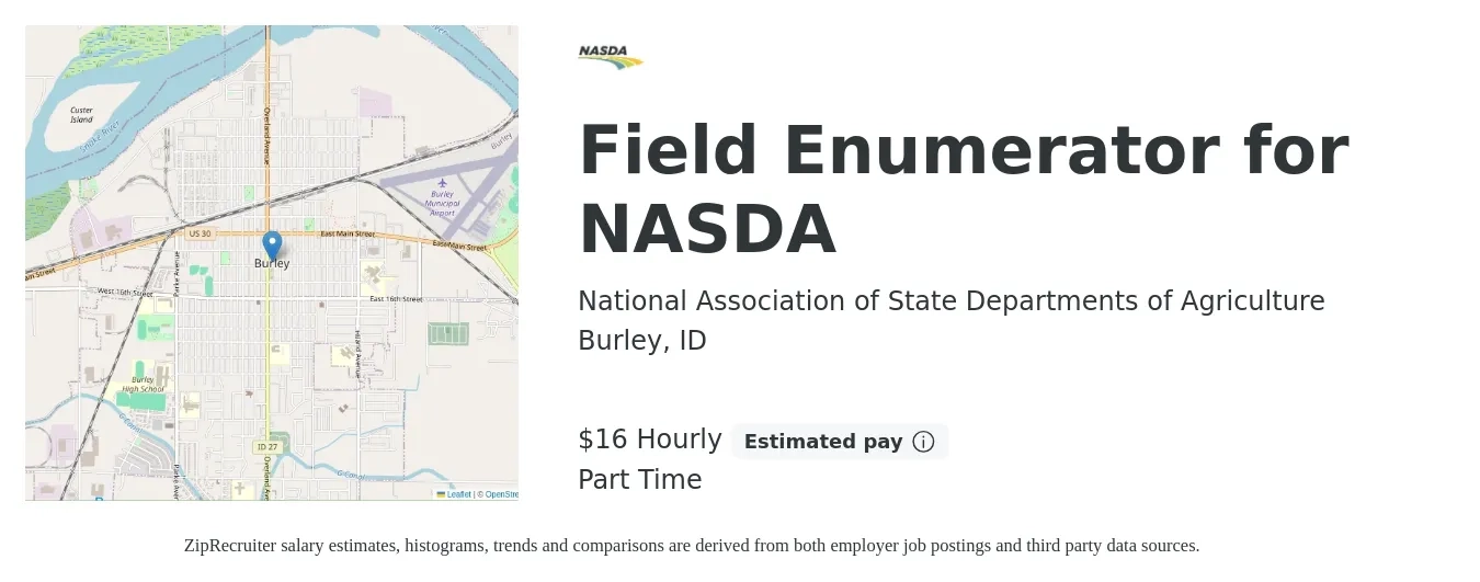 National Association of State Departments of Agriculture job posting for a Field Enumerator for NASDA in Burley, ID with a salary of $17 Hourly with a map of Burley location.