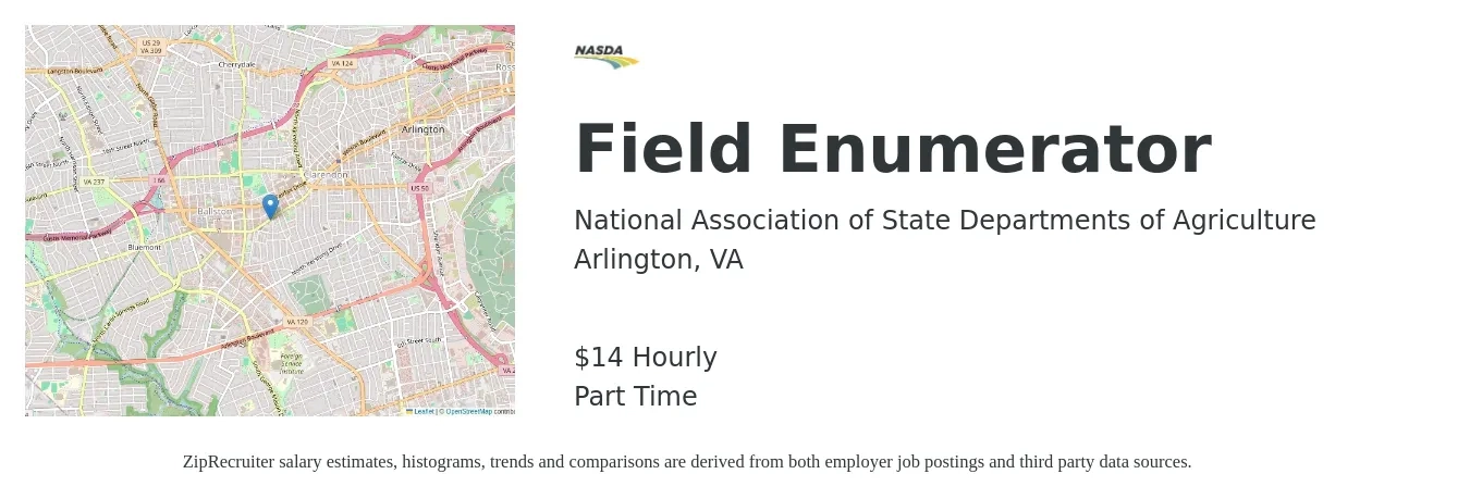 National Association of State Departments of Agriculture job posting for a Field Enumerator in Arlington, VA with a salary of $15 Hourly with a map of Arlington location.