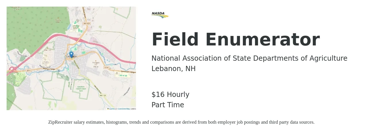 National Association of State Departments of Agriculture job posting for a Field Enumerator in Lebanon, NH with a salary of $17 Hourly with a map of Lebanon location.