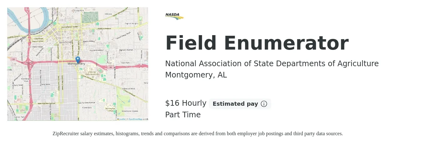 National Association of State Departments of Agriculture job posting for a Field Enumerator in Montgomery, AL with a salary of $17 Hourly with a map of Montgomery location.