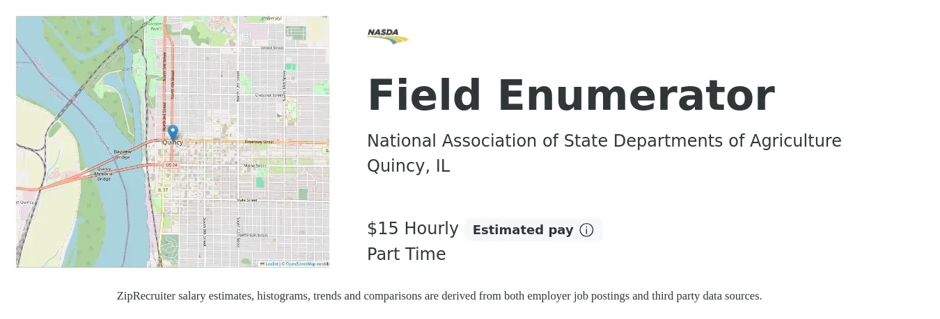 National Association of State Departments of Agriculture job posting for a Field Enumerator in Quincy, IL with a salary of $16 Hourly with a map of Quincy location.