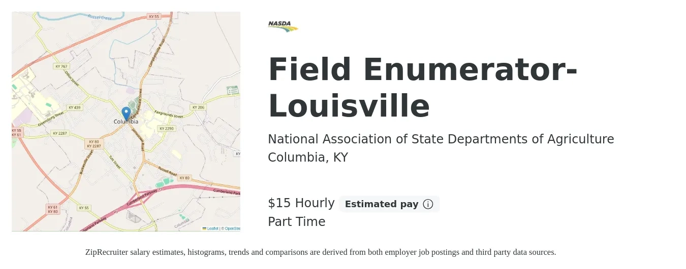 National Association of State Departments of Agriculture job posting for a Field Enumerator-Louisville in Columbia, KY with a salary of $16 Hourly with a map of Columbia location.