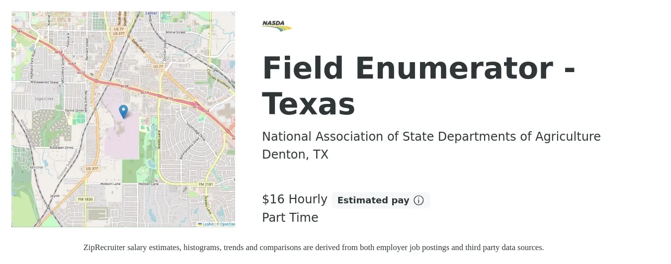 National Association of State Departments of Agriculture job posting for a Field Enumerator - Texas in Denton, TX with a salary of $17 Hourly with a map of Denton location.