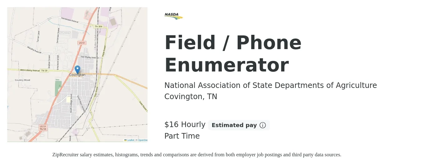 National Association of State Departments of Agriculture job posting for a Field / Phone Enumerator in Covington, TN with a salary of $17 Hourly with a map of Covington location.