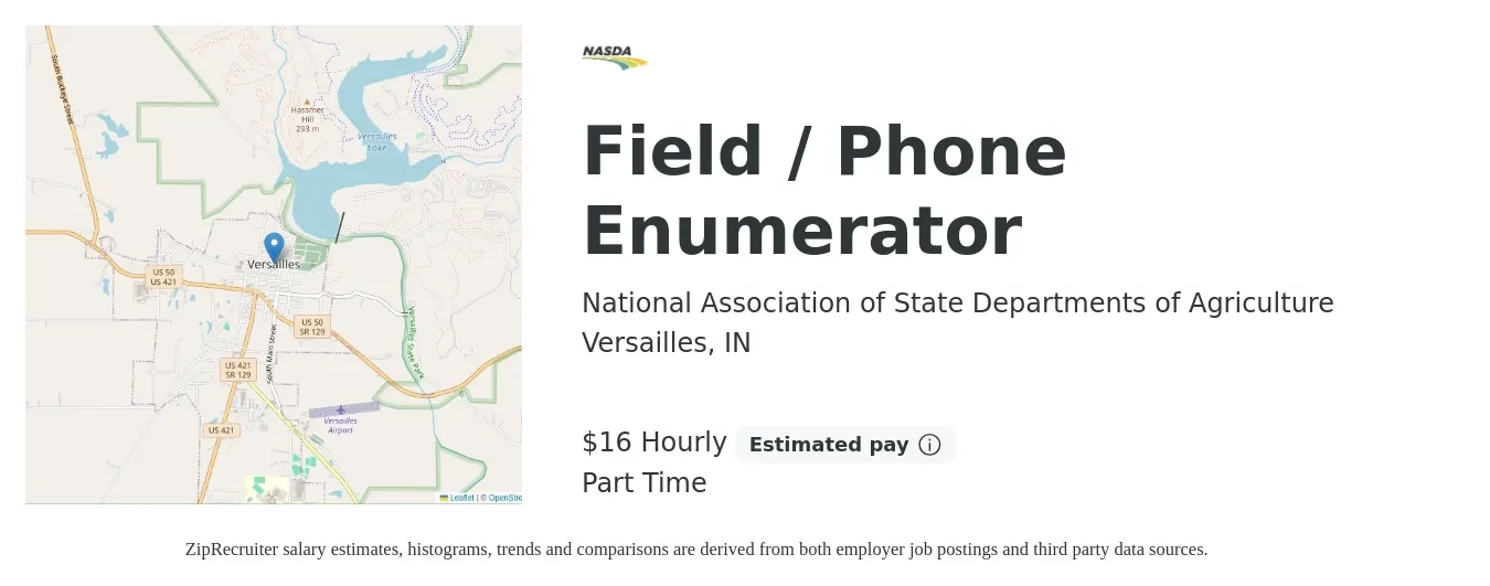 National Association of State Departments of Agriculture job posting for a Field / Phone Enumerator in Versailles, IN with a salary of $17 Hourly with a map of Versailles location.